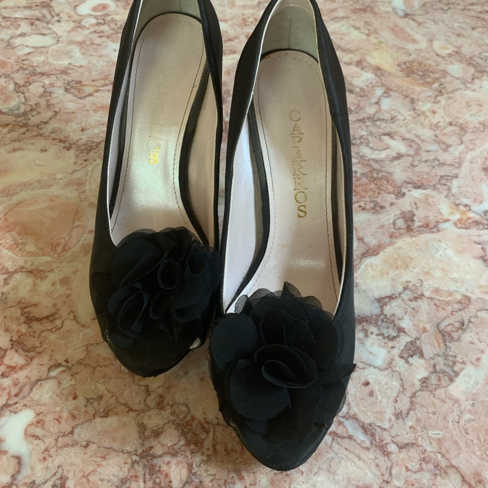 Caparros black peep-toe heels with flower on toe